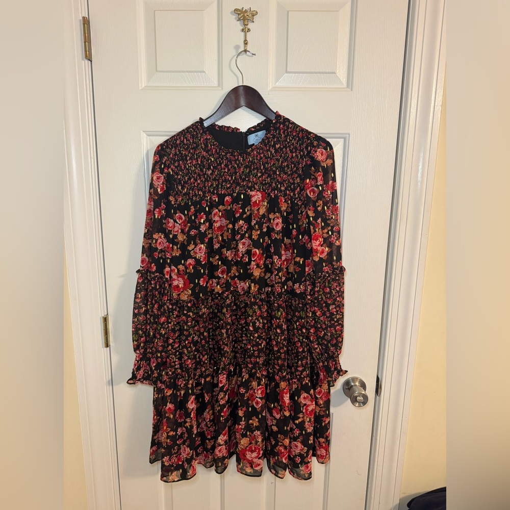 CeCe Black and Red Floral Long Sleeve Dress